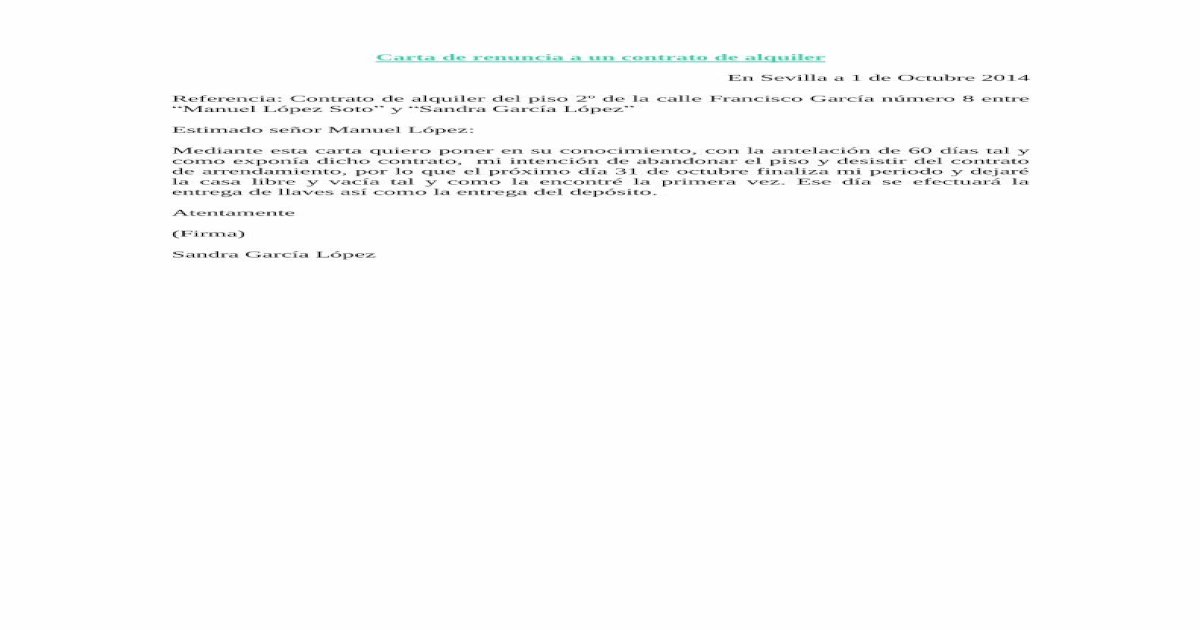 Carta de renuncia a un contrato de alquiler - · PDF fileCarta de