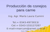 Producción de conejos para carne Producción de conejos para carne Ing. Agr. María Laura Cumini Tel.= 0343-4973013/ Cel.= 0343-155127287 E-mail=marcum@arnet.com.ar.