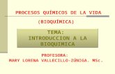 (BIOQUÍMICA) PROCESOS QUÍMICOS DE LA VIDA PROFESORA: MARY LORENA VALLECILLO-ZÚNIGA. MSc. TEMA: INTRODUCCION A LA BIOQUIMICA TEMA: INTRODUCCION A LA BIOQUIMICA.