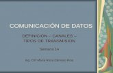 COMUNICACIÓN DE DATOS DEFINICION – CANALES – TIPOS DE TRANSMISION Semana 14 Ing. CIP María Rosa Dámaso Ríos.