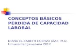 CONCEPTOS BÁSICOS PÉRDIDA DE CAPACIDAD LABORAL DIANA ELIZABETH CUERVO DÍAZ M.D. Universidad Javeriana 2012.