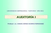 AUDITORÍA I Profesor: Lic. AMADO JORGE ADORNO FERNANDEZ UNIVERSIDAD EMPRESARIAL CENTURIA AÑO 2011.