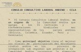 CONSEJO CONSULTIVO LABORAL ANDINO - CCLA El Consejo Consultivo Laboral Andino, es un organo de la Comunidad Andina que agrupa a las 15 Centrales y Confederaciones.