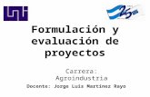 Formulación y evaluación de proyectos Carrera: Agroindustria Docente: Jorge Luis Martínez Rayo.