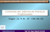 Contenido del Informe de Prácticas Profesionales Según la R.M. N° 738-85-ED hpajuelo@hotmail.com Ing° Lic. Hugo Pajuelo Evaristo.