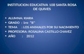 INSTITUCION EDUCATIVA 108 SANTA ROSA DE QUIVES ALUMNA: KIARA GRADO : 1ro B TEMA : LOS ANIMALES POR SU NACIMIENTO PROFESORA: ROSALINA CASTILLO CHAVEZ AÑO.