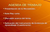 AGENDA DE TRABAJO Presentación de la Microsesión. Role-Play corto. Discusión acerca del tema. Aplicación del Instrumento de Evidencia de Aprendizaje (Cuestionario).
