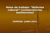 SUPAUAQ JUNIO 2013. Mesa de trabajo: Reforma Laboral (consecuencias testimonios)