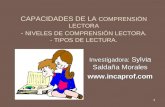 1 CAPACIDADES DE LA COMPRENSIÓN LECTORA - NIVELES DE COMPRENSIÓN LECTORA. - TIPOS DE LECTURA. Investigadora: Sylvia Saldaña Morales .