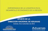 IMPORTANCIA DE LA LOGISTICA EN EL DESARROLLO ECONOMICO DE LA REGION APORTE DE LA DIRECCION NACIONAL DE ADUANAS Colonia, 8 de noviembre de 2012.