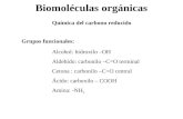Biomoléculas orgánicas Química del carbono reducido Grupos funcionales: Alcohol: hidroxilo –OH Aldehído: carbonilo –C=O terminal Cetona : carbonilo –C=O.