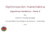 Algoritmos Genéticos – Parte 2 Por: Antonio H. Escobar Zuluaga Universidad Tecnológica de Pereira - Colombia 2014 Optimización matemática Algoritmos Genéticos.