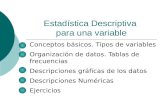 Estadística Descriptiva para una variable Conceptos básicos. Tipos de variables Organización de datos. Tablas de frecuencias Descripciones gráficas de.