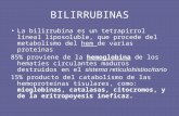 BILIRRUBINAS La bilirrubina es un tetrapirrol lineal liposoluble, que procede del metabolismo del hem de varias proteínas 85% proviene de la hemoglobina.