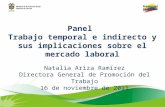 Panel Trabajo temporal e indirecto y sus implicaciones sobre el mercado laboral Natalia Ariza Ramírez Directora General de Promoción del Trabajo 16 de.