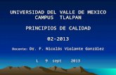 UNIVERSIDAD DEL VALLE DE MEXICO CAMPUS TLALPAN PRINCIPIOS DE CALIDAD 02-2013 Docente: Dr. F. Nicolás Violante González L 9 sept 2013.