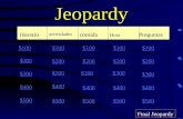 Jeopardy Horario actividades comida Hora Preguntas $100 $200 $300 $400 $500 $100 $200 $300 $400 $500 Final Jeopardy.