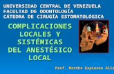 COMPLICACIONES LOCALES Y SISTÉMICAS DEL ANESTÉSICO LOCAL Prof. Martha Espinoza Alizo UNIVERSIDAD CENTRAL DE VENEZUELA FACULTAD DE ODONTOLOGÍA CÁTEDRA DE.