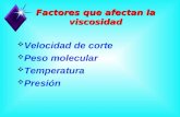 Velocidad de corte  Peso molecular  Temperatura  Presión Factores que afectan la viscosidad.