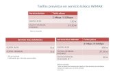 Tarifas previstas en servicio básico WIMAX Servicio básicoTarifa plana 2 Mbps /512kbps CUOTA ALTA 150 € CUOTA MENSUAL INTERNET 37,50 € IVA no incluído.