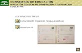 EJEMPLOS DE ÍTEMS CONSEJERÍA DE EDUCACIÓN DIRECCIÓN GENERAL DE ORDENACIÓN Y EVALUACIÓN EDUCATIVA Comunicación lingüística (lengua española) Matemáticas.