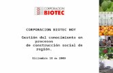 CORPORACION BIOTEC HOY Gestión del conocimiento en procesos de construcción social de región. Diciembre 18 de 2009.