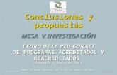 Conclusiones y propuestas MESA V INVESTIGACIÓN I FORO DE LA RED-CONAET DE PROGRAMAS ACREDITADOS Y REACREDITADOS (VIGENTES A MARZO DE 2013) UAEM, Toluca,
