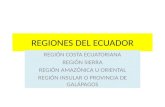REGIONES DEL ECUADOR REGIÓN COSTA ECUATORIANA REGIÓN SIERRA REGIÓN AMAZÓNICA U ORIENTAL REGIÓN INSULAR O PROVINCIA DE GALÁPAGOS.
