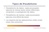 Paralelismo de Datos Paralelismo de Tareas Tipos de Paralelismo Paralelismo de datos: cada procesador ejecuta la misma tarea sobre diferentes conjuntos.