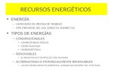 RECURSOS ENERGÉTICOS ENERGÍA – CAPACIDAD DE PRODUCIR TRABAJO. – 99% PROVIENE DEL SOL (DIRECTA-INDIRECTA) TIPOS DE ENERGÍAS – CONVENCIONALES COMBUSTIBLES.