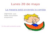 Lunes 20 de mayo La mesera está sirviendo la comida OBJETIVOS: verb Deber and present progressive El niño está comiendo sandía.