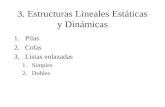 3. Estructuras Lineales Estáticas y Dinámicas 1.Pilas 2.Colas 3.Listas enlazadas 1.Simples 2.Dobles.