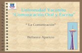 Universidad Yacambu “Comunicación Oral y Escrita” “ La Comunicación” Bellanira Aparicio.