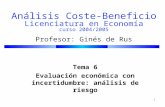 1 Análisis Coste-Beneficio Licenciatura en Economía curso 2004/2005 Profesor: Ginés de Rus Tema 6 Evaluación económica con incertidumbre: análisis de riesgo.