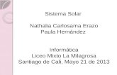Sistema Solar Nathalia Carlosama Erazo Paula Hernández Informática Liceo Mixto La Milagrosa Santiago de Cali, Mayo 21 de 2013.