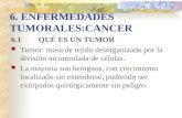 6. ENFERMEDADES TUMORALES:CANCER 6.1 QUÉ ES UN TUMOR Tumor: masa de tejido desorganizado por la división incontrolada de células. La mayoría son benignos,