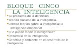 BLOQUE CINCO LA INTELIGENCIA El problema de la definición. Teorías clásicas de la inteligencia. Ultimas teorías sobre la inteligencia: la inteligencia.