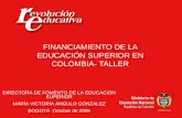 FINANCIAMIENTO DE LA EDUCACIÓN SUPERIOR EN COLOMBIA- TALLER DIRECTORA DE FOMENTO DE LA EDUCACIÓN SUPERIOR MARÍA VICTORIA ANGULO GONZALEZ BOGOTÁ Octubre.