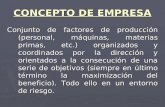 CONCEPTO DE EMPRESA Conjunto de factores de producción (personal, máquinas, materias primas, etc.) organizados y coordinados por la dirección y orientados.