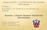 Organización y coordinación de equipos de trabajo Unidad 2 Actividad 1. El conflicto y los equipos de trabajo Asesor: Liliana Yasmin Gutiérrez Hernández.