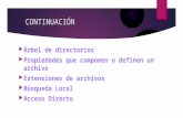 CONTINUACIÓN  Árbol de directorios  Propiedades que componen o definen un archivo  Extensiones de archivos  Búsqueda Local  Acceso Directo
