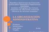 L A ORGANIZACIÓN ADMINISTRATIVA Profesor: Integrantes: Luis Silva Jenny Trujillo Jose Manuel Rojas República Bolivariana de Venezuela Universidad Pedagógica.