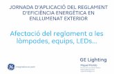 Afectació del reglament a les làmpades, equips, LEDs · ¾Només es podran vendre VSAP d’Alta Eficiència i CMH (GE Lucalox XOi CMH Constantcolor) Els equips. 21 / GE Eficiència
