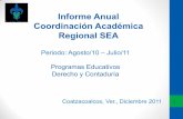 Informe Anual Coordinación Académica Regional SEA · 2013-01-28 · Carrera Proyecto Aula => PTC Profesores por asignatura Experiencias educativas No. % No. % No. % Derecho 2 66.6%