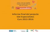 Informe final del projecte Són Especialistes Curs 2015-2016 · 2017-07-10 · Informe final del projecte. Curs 2015-2016 Índex Justificació i punt de partida 2 1.7.Recursos i suport