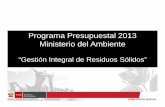 Programa Presupuestal 2013 Ministerio del Ambiente · 2016-09-26 · Nombre del Programa Presupuestal Gestión Integral de Residuos Sólidos Tipo de diseño propuesto Propuesta de